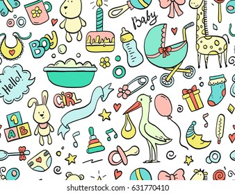 Hand drawn seamless pattern baby and newborn doodle for wallpaper. Cartoon sketch style doodle with baby toy, food, ball, balloon, moon, star, milk bottle, birthday elements. Vector illustration.