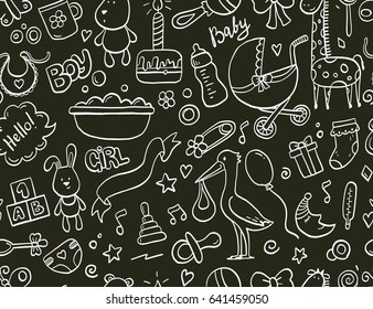 Hand drawn seamless pattern baby and newborn doodle for wallpaper. Cartoon sketch style doodle with baby toy, food, ball, balloon, moon, star, milk bottle, birthday elements. Vector illustration.