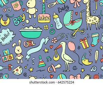 Hand drawn seamless pattern baby and newborn doodle for wallpaper. Cartoon sketch style doodle with baby toy, food, ball, balloon, moon, star, milk bottle, birthday elements. Vector illustration.