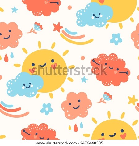 Hand drawn seamless pattern. Baby vector illustration. Cute repeated print with happy doodle sun, funny clouds, cool stars. Light peaceful sky and kind characters.