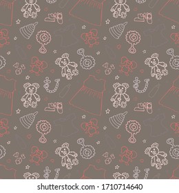 Hand drawn seamless pattern with baby's toys, clothes. Doodle. Vector illustration. EPS 10