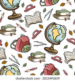 Hand drawn seamless pattern back to school in doodle style. Back to school seamless pattern.