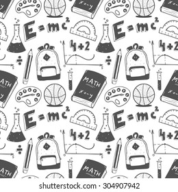 Hand drawn seamless pattern. Back to school doodle set. 