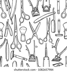 Hand drawn Seamless pattern background Barber shop. Vector illustrations vintage engraving for poster, label, banner, web.
