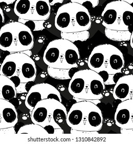 Hand drawn seamless pattern background with cute panda bear. Vector Illustration.