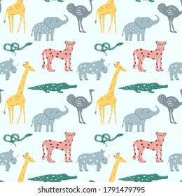 Hand drawn seamless pattern background with cute African Animals snakes, rhino, giraffe, elephant, emu, cheetah, crocodile. For kids apparel, textile, fabric, nursery decoration, wrapping paper.