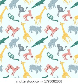 Hand drawn seamless pattern background with cute African Animals snakes, rhino, giraffe, elephant, emu, cheetah, crocodile. For kids apparel, textile, fabric, nursery decoration, wrapping paper.