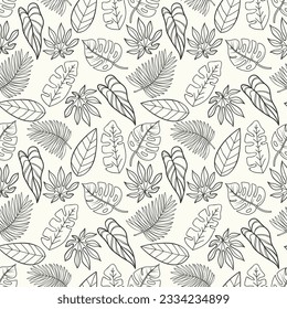 Hand drawn seamless pattern background with tropical leaves
