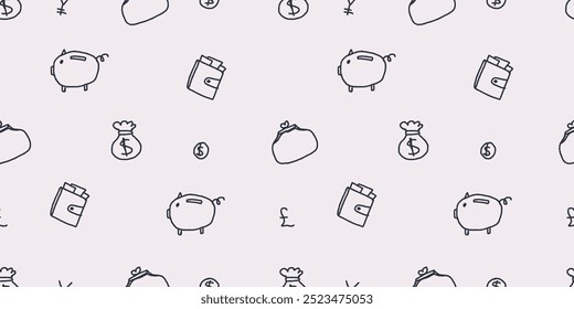 Mão desenhado sem costura padrão de fundo financeiro e negócios: bolsa, dinheiro, piggy bank. elementos de design de doodle isolados na lavanda