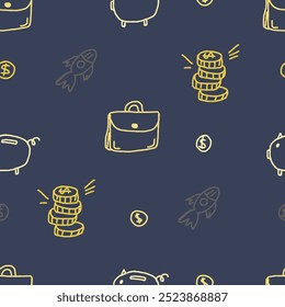 Hand drawn seamless pattern background finance and business: briefcase, coins, rocket, piggy bank. doodle design elements. Childish naive art style