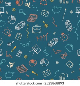 Hand drawn seamless pattern background finance and business: calculator, money, charts and graphs, glasses, piggy bank, pen, notebook, wallet. doodle design elements. Childish naive art style