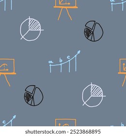 Hand drawn seamless pattern background finance and business: charts, graphs, presentations. doodle design elements. Childish naive art style