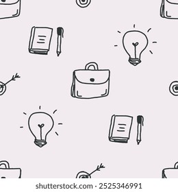 Hand drawn seamless pattern background finance and business: briefcase, notebook, light bulb, target, pen. doodle design elements. Childish naive art style