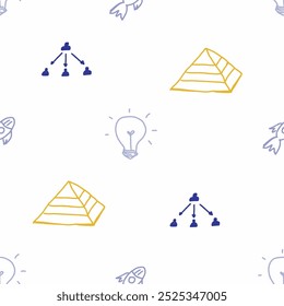 Hand drawn seamless pattern background finance and business: pyramid, light bulb, rocket. doodle design elements. Childish naive art style