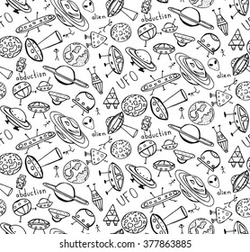 Hand drawn seamless pattern background with doodle of UFO and alien with lettering. Coloring book vector