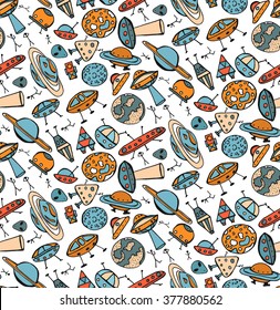 Hand drawn seamless pattern background with doodle of UFO and alien. Coloring vector