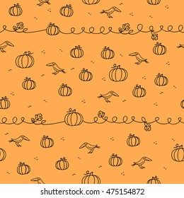 Hand drawn seamless pattern background with pumpkins and ravens. Vector illustration for Halloween or Thanksgiving Day.