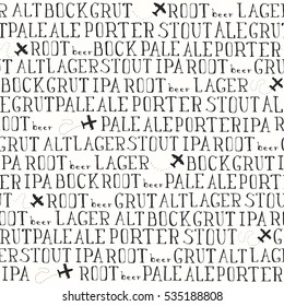 Hand drawn seamless pattern background with lettering kind of beer ALT, Bock, Grut, IPA, Root beer, Lager, Pale Ale, Porter, Stout, Ale with airplane silhouettes vector