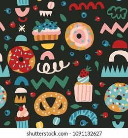 Hand drawn seamless pattern of bakery products. Beautiful food design elements, perfect for prints and patterns. Confectionery background. Vector illustration.