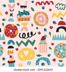 Hand drawn seamless pattern of bakery products. Beautiful food design elements, perfect for prints and patterns. Confectionery background. Vector illustration.