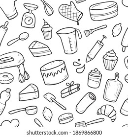 Hand drawn seamless pattern of baking and cooking tools, mixer, cake, spoon, cupcake, scale. Doodle sketch style. Illustration for textile, background, wallpaper design.