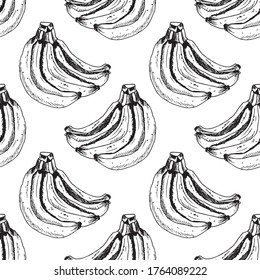 Hand drawn seamless pattern of banana. Retro sketches isolated. Vintage collection. Linear graphic design. Black and white image of fruit. Vector illustration.