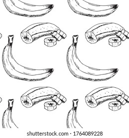 Handgezeichnet nahtloses Bananenmuster. Retro-Skizzen einzeln. Vintage-Kollektion. Lineares Grafikdesign. Schwarz-Weiß-Bild von Obst. Vektorgrafik.