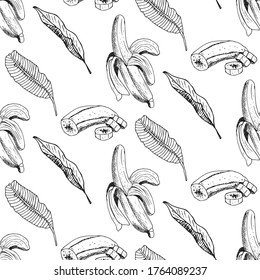 Hand drawn seamless pattern of banana. Retro sketches isolated. Vintage collection. Linear graphic design. Black and white image of fruit. Vector illustration.