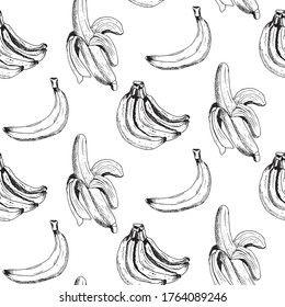 Hand drawn seamless pattern of banana. Retro sketches isolated. Vintage collection. Linear graphic design. Black and white image of fruit. Vector illustration.