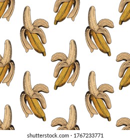 Hand drawn seamless pattern of banana. Retro sketches isolated. Vintage collection. Linear graphic design. Black and white image of fruit. Vector illustration.