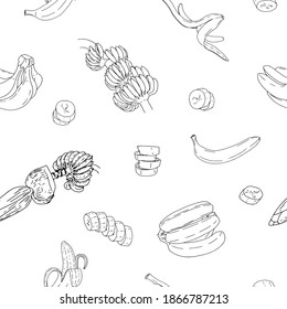 Hand drawn seamless pattern with bananas from different angles. Vector Illustration, isolated on white background.
