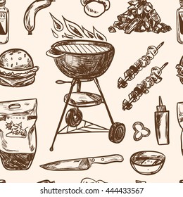 Hand drawn seamless pattern with barbeque tools. Isolated vector illustration for identity, design, menu,decoration, packages product and interior decoration