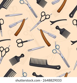 Hand drawn seamless pattern of barber tools, different scissors, pick comb, razor, thinner, alligator hairclip and more