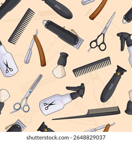 Padrão sem emenda desenhado à mão de ferramentas de barbeiro, pente de cauda, tesoura de sobrancelha, clipper, garrafa de soro, garrafa de spray e muito mais