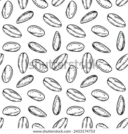 Hand drawn seamless pattern with barley seeds in monochrome sketch style isolated on white background. Agriculture background for food branding. Vintage vector illustration.