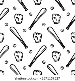 hand drawn seamless pattern with baseball theme on white background