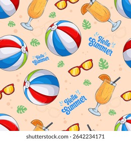 Hand drawn seamless pattern of beach gear as beachballs, sunglasses, juices to enjoy summertime, summer vibe pattern