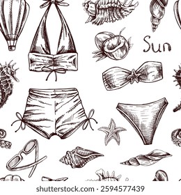 hand drawn seamless pattern with beachwear, seashells and tropical elements in vintage style


