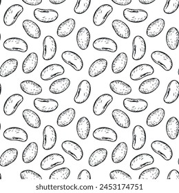 Hand drawn seamless pattern with beans seeds in monochrome sketch style isolated on white background. Agriculture background for food branding. Vintage vector illustration.