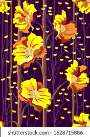 Hand drawn seamless pattern with beautiful flowers and leaves. Vector illustration, retro style.