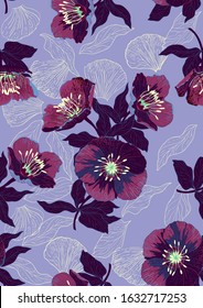 Hand drawn seamless pattern with beautiful flowers and leaves on lilac background. Vector illustration, retro style.