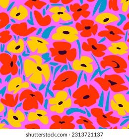 Hand drawn seamless pattern with beautiful various daisies and poppies on hot pink background. Vector illustration, retro style.