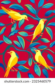 Hand drawn seamless pattern with beautiful bright tropical birds on branches and exotic leaves. Handmade drawing vector illustration. 