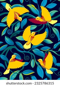 Hand drawn seamless pattern with beautiful bright tropical birds on branches and exotic leaves. Handmade drawing vector illustration. 