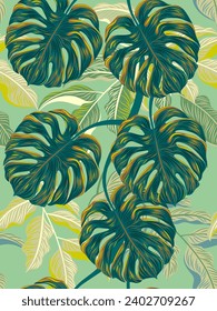 Hand drawn seamless pattern with beautiful tropical leaves. Vector illustration, retro style. Can be used for embroidering works, wallpaper, etc.
