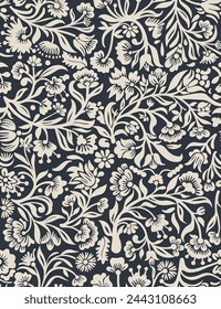 Hand drawn seamless pattern with beautiful flowers, berries and leaves. Vector illustration, retro style.