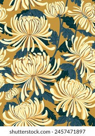 Hand drawn seamless pattern with beautiful chrysanthemums and leaves. Vector illustration, retro style. Can be used for embroidering flowers, wallpaper, etc.