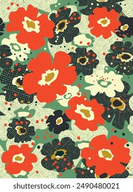 Hand drawn seamless pattern with beautiful garden flowers in mid-century style. Vector illustration, fashion print.