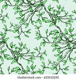 hand drawn seamless pattern with beautiful forest foliage and branches on colored background