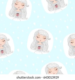 Hand drawn seamless pattern with beautiful cute girl with cup in her hands. Vector illustration.